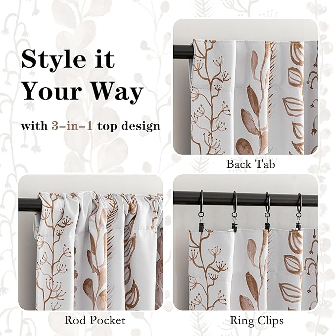 MEETSKY Blackout Curtains 72 Inches Long Leaves Patterned Farmhouse Thermal Insulated Privacy Protection Drapes with Rod Pocket Back Tab for Bedroom Living Room, 2 Panels, 50" Wide, Khaki