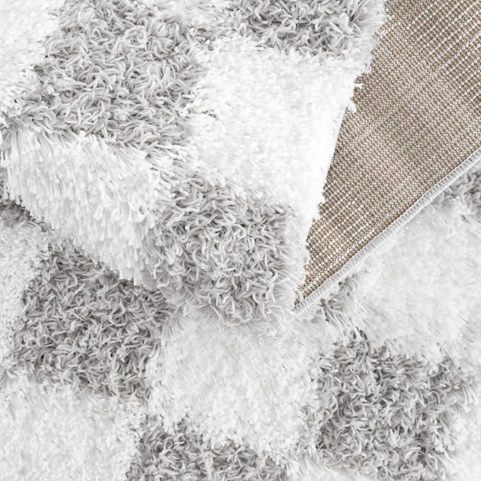 Hauteloom Atira Contemporary Checkered Fluffy Shag Area Rug - Modern Geometric Carpet Tiles for Living Room, Kids Room, Nursery - Plush Pile - Gray, Cream, White - 6'7" x 9'6"