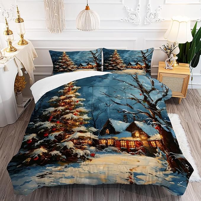 Christmas Comforter Set Full: Christmas Tree Bedding for Girls Bedroom Winter Scenery Festival Xmas Quilt Set Women Teens 1 Comforter & 2 Pillowcases