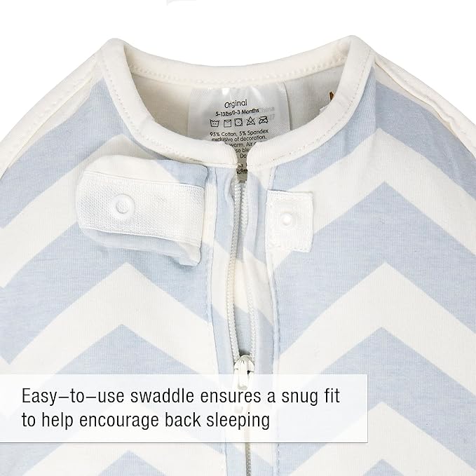 Woombie Original Baby Swaddling Blanket - Soothing, Cotton Baby Swaddle with Zipper - Wearable Newborn Blanket, Dreamy Blue Chevron, 14-19 lbs