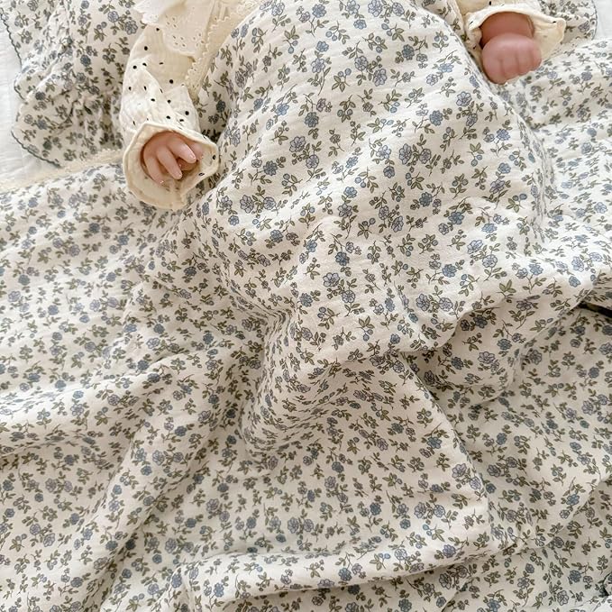 BuLuTu Blue Flower Design Toddler Blanket for Girls Boys Chic Shabby Floral Crib Quilt Soft Lightweight Gauze Cotton Toddler Comforter, All Seasons, Blue Floral Pattern, 60x78 Inches