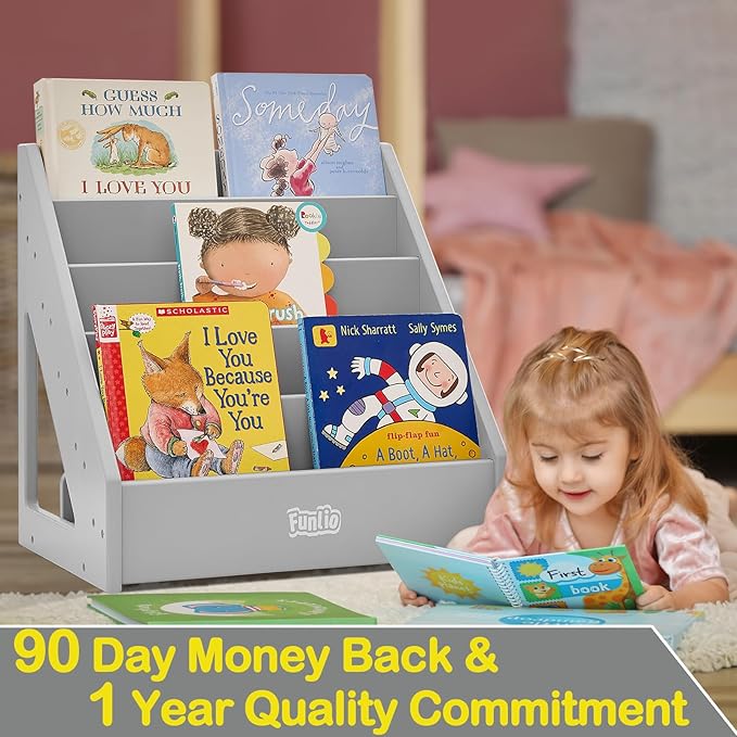 FUNLIO Montessori Bookshelf for Toddlers 1-5 Years, Front-Facing Kids Bookcase with Handle & Anti-Tilting Device, Premium Pine Baby Bookshelf, Children's Bookcase for Nursery/Classroom - Grey