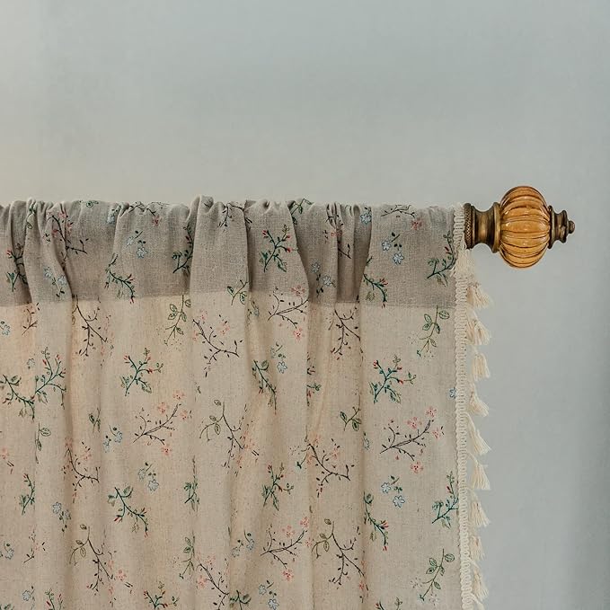 ENJOYBRIDAL Floral Farmhouse Curtains 96 Inches Long Semi Sheer Living Room Drapes Boho Light Filtering Vintage Decor Window Curtain Panels with Tassel Beige Rod Pocket Bedroom Drapes, 4 Panels