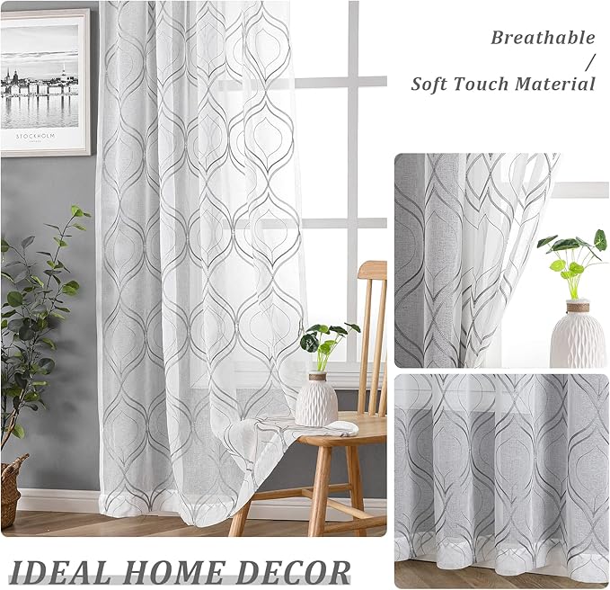 VISIONTEX White Sheer Curtains 72 Inches Long 2 Panels Set Grey Moroccan Embroidered Curtains Trellis French Textured Rod Pocket Voile Tulle Semi Window Drapes for Bedroom Living Room 54 x 72 Inches