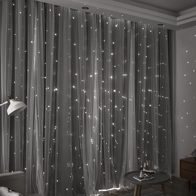 Kinryb Kids Blackout Curtains for Bedroom/Living Room/Classroom, Sheer Overlay Extra Long 2 Panel Set, Double Layer Curtains with Star Cutout for Kids Room(W 52 x L 108 Inches,Silver Grey 2 Pcs)