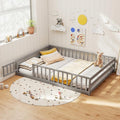 KOMFOTT Full Size Wood Floor Bed with Door & Fence, Montessori Bed Frame with Full Length Safety Guardrails, Door & Latch, Wooden Montessori Floor Bed for Kids, Girls, Boys (Full,Grey)