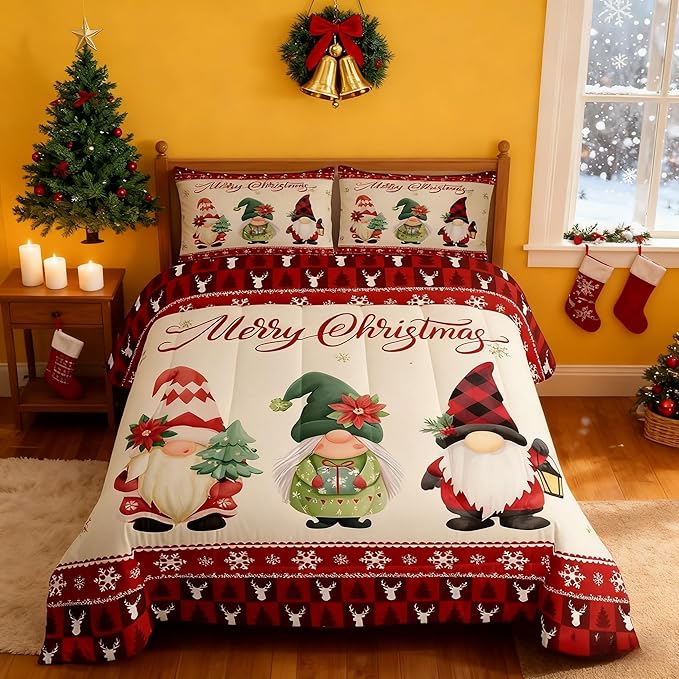 Merry Christmas Kids Comforter Set Twin Size,Deer Antler Santa Claus Bedding,Girls Boys Adults Bedroom/Xmas Cabin Decor,Snowflake Pine Trees Plaid Down Comforter,Rustic Duvet Insert,1 Pillowcase