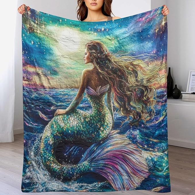 Mermaid Blanket Navy Mermaids Gifts for Girls Boys Woman Kids Ocean Mermaid Lover Coastal Throw Blankets Soft Blanket Warm Fleece Flannel Plush Blankets for Bed Sofa Couch 50"x60"
