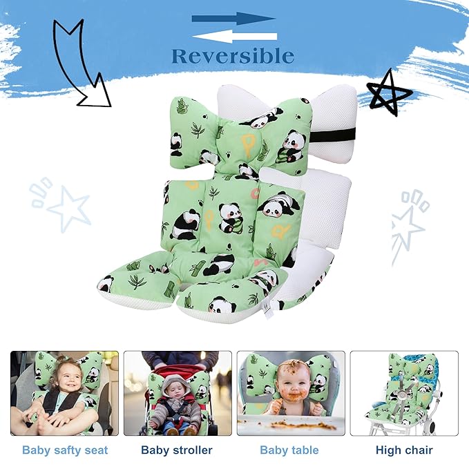 Baby Seat Pad Liner for Stroller–Soft and Breathable，3D Air Mesh Cotton Universal Baby Stroller Cushion(Green Panda)