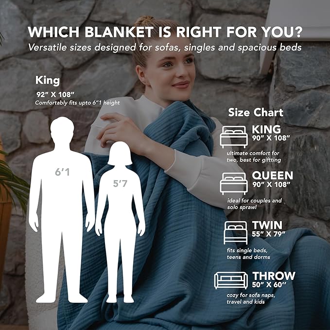 Goqan Muslin Blanket Queen 79x90 – 100% Cotton 4 Layer Boho Muslin Blanket for Adults, Lightweight, Soft, Breathable for Bed - Teal