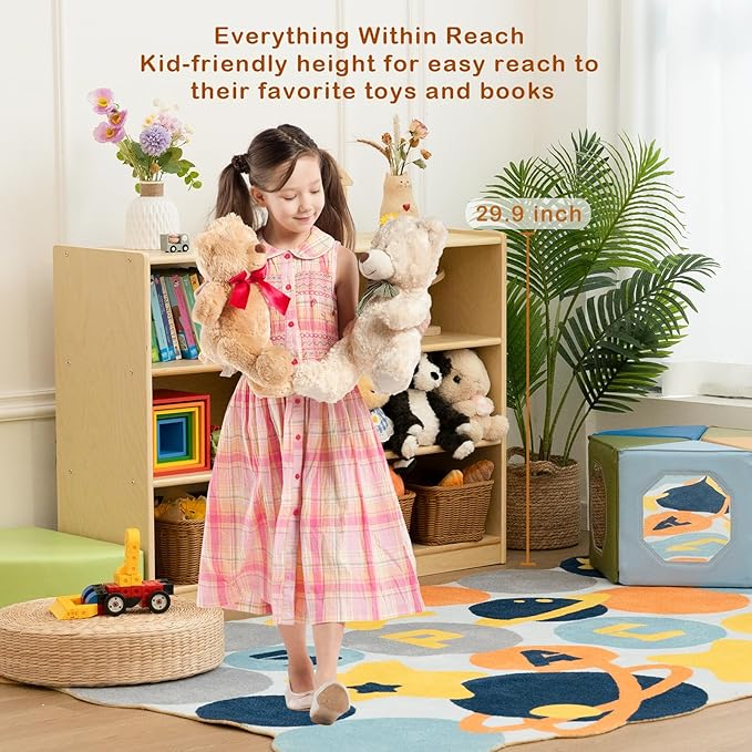 3 Tier Montessori Shelf 30in Toy Storage Shelf Birch Wood Kids Bookshelf Classroom Storage Shelves Low Bookcase Book Shelf for Kids Room Nursery Playroom Daycare Preschool, Natural