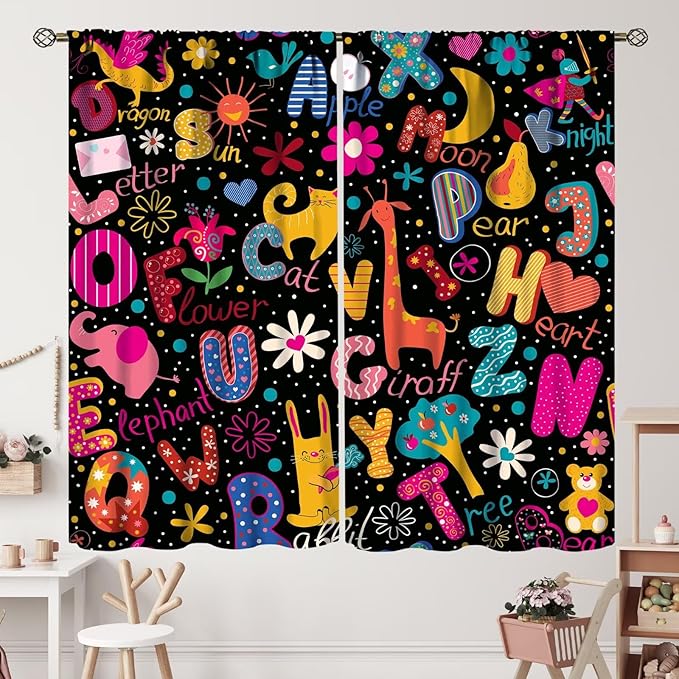 Cartoon Alphabet Curtains Funny Education Animal Giraffe Curtain with Rod Pocket for Bedroom Living Room Home Decor Drapes Thermal Insulated Window Treatments 2 Panels Set 55" W X 63" L