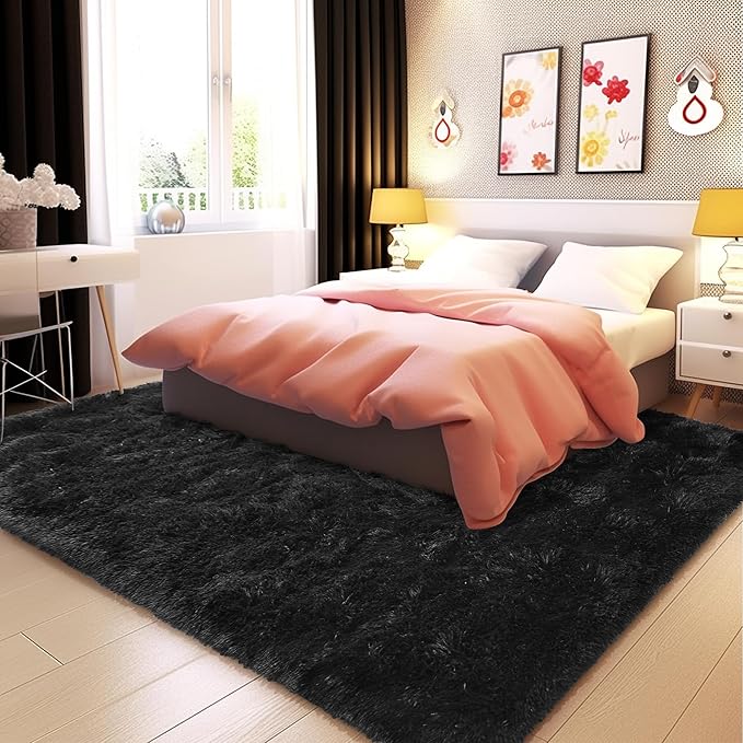 Fluffy Rug for Living Room 8x10 Feet, Black Area Rugs for Bedroom Non Slip 8x10 Clearance Rug for Kids Playroom