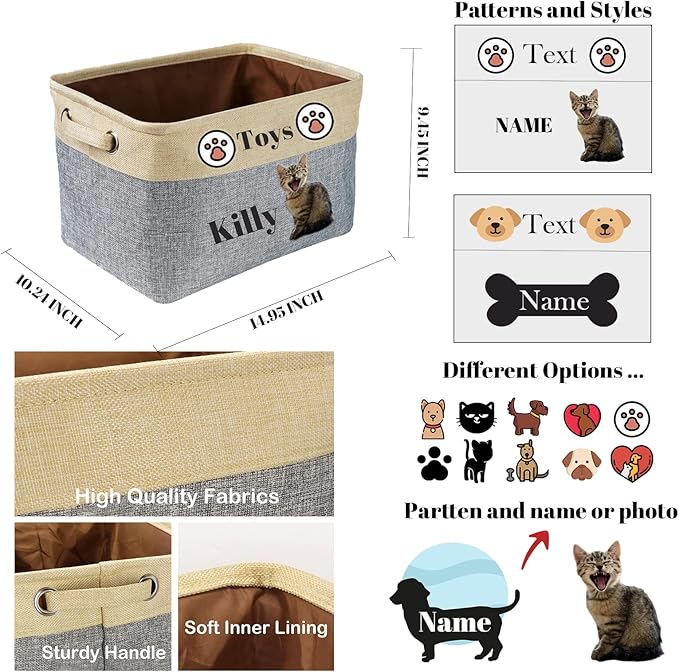 Personalized Cat Toy Basket Custom Cat Toy Box with Pet's Name Cat Storage Organizer Collapsible Cute Basket with Handles, Medium