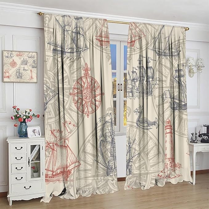 Abstract Nautical Curtain Set Seahorse Curtain for Kids Yellow Polyester Fabric Bedroom Curtain Set 2 Panels,84x84 Inches
