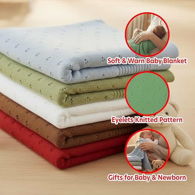 Baby Knit Blanket, 100% Cotton Eyelet Patterns, Soft, Cozy, Lightweight Swaddle for Newborn & Infant Swaddling Beige Neutral, Perfect Baby Shower Ideas Sage Green 28x36