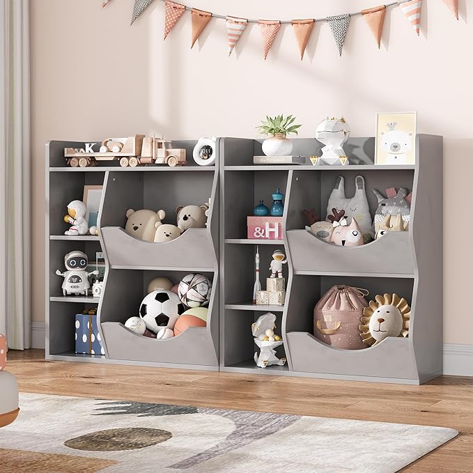 Kids Bookshelf, 32" 3-Tier Toy Storage Cabinet, Wooden Cube Storage Organizer with 5 Cubes and Spacious Top Shelf for Children's Room, Playroom, Hallway, Kindergarten, Bedroom, Playroom
