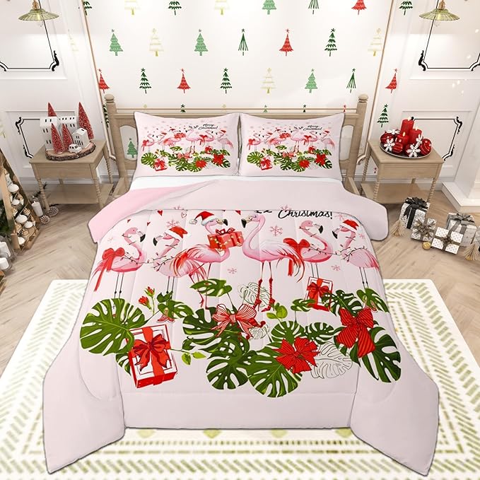 Merry Christmas Comforter Set Queen Size,Pink Flamingo Cartoon Bird Animal Bedding Set for Women Adult,Winter Snowflake Green Leaves Luxury Bed Duvet Insert, 2 Pillowcases