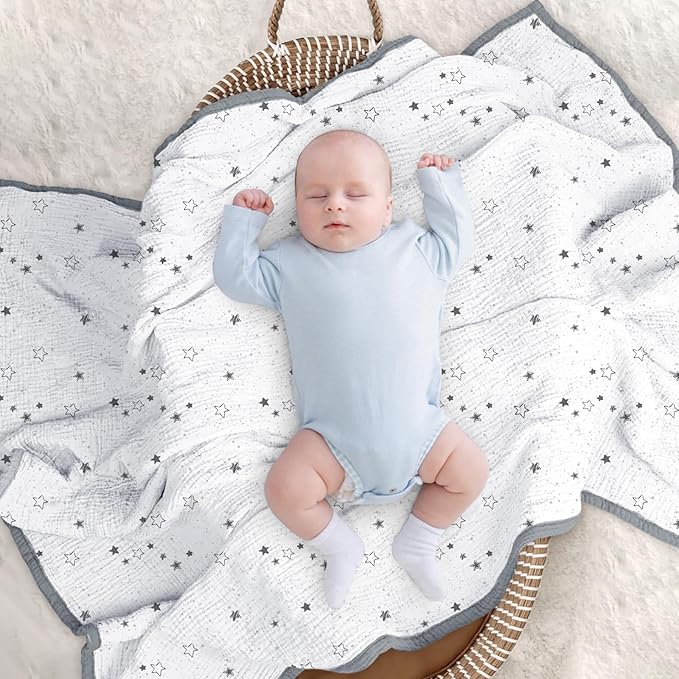 lulumoon Muslin Baby Blanket - Cotton Toddler Blankets for Cribs - Quilt Nursery Blanket for Baby Boys and Girls 47"x47"(Starry Sky Gray)