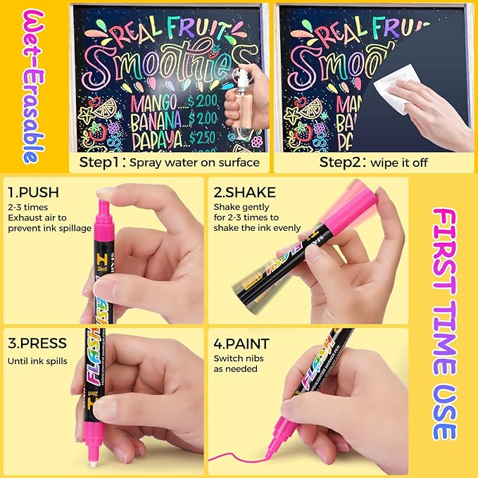 SFAIH Liquid Chalk Markers [1-Second Wet Wipe] - 6mm 30 Colors [Neon+Pastel+Metallic], No Residue, Zero Dust Chalkboard Markers for Whiteboard, Windows, Glass, Signs, With Highlighter Color Marker