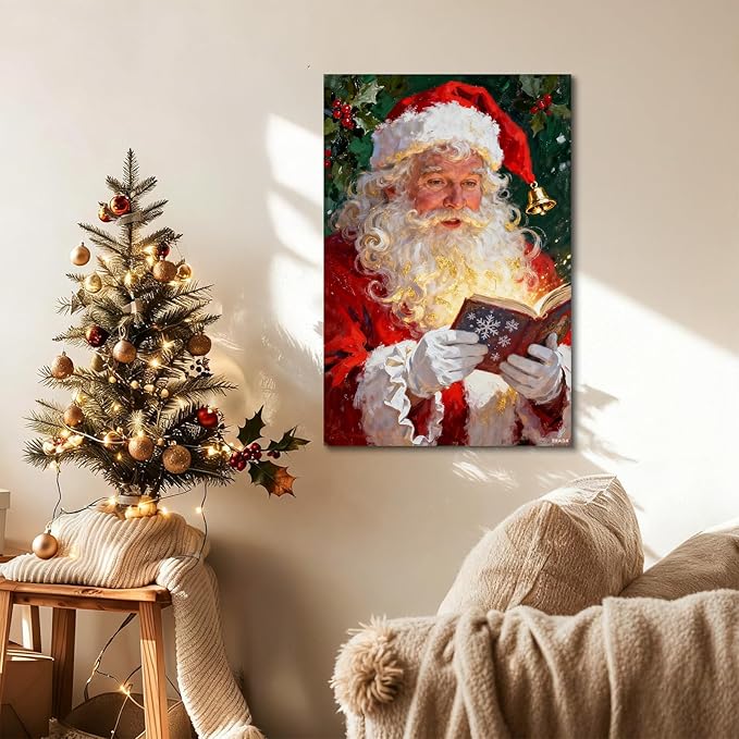YONICA Christmas Canvas Wall Art Reading Santa 24x36 Inch Oil Painting with Glowing Book and Holly - Large Framed Gallery Wrapped Library Decor