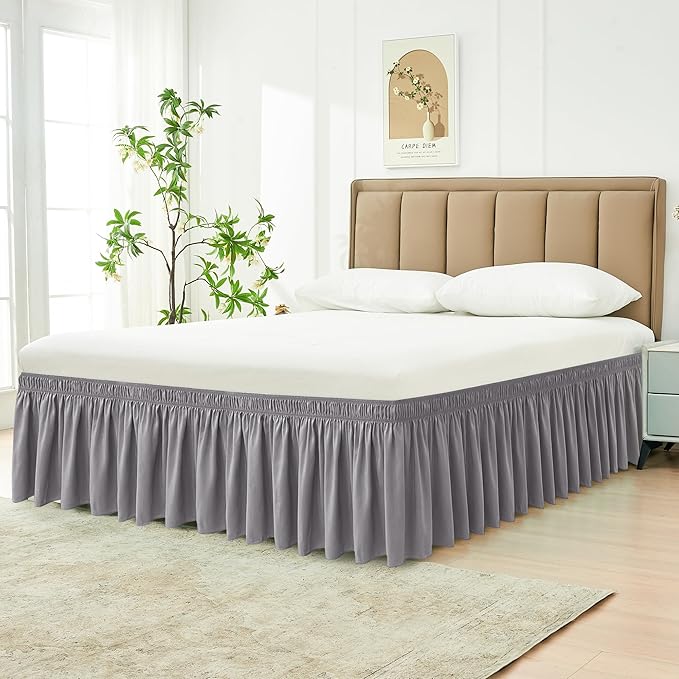 Biscaynebay Wrap Around Bed Skirts for King & Cal King Beds 17" Long Drop, Silver Grey Elastic Dust Ruffles Easy Fit Wrinkle & Fade Resistant Silky Luxurious Fabric Solid Machine Washable