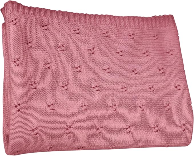 Baby Knit Blanket, 100% Cotton Eyelet Patterns, Soft, Cozy, Lightweight Swaddle for Newborn & Infant Swaddling Beige Neutral, Perfect Baby Shower Ideas Rose Pink 30x30