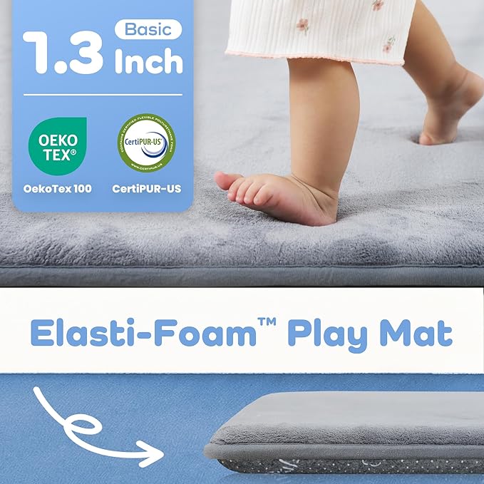 1.3" Thick Baby Floor Play Mat 50x74, Basic Padded Foam Mat for Tummy Time Crawling, Non Slip Cushioned for Babies Toddlers Infants Kids (Light Grey)