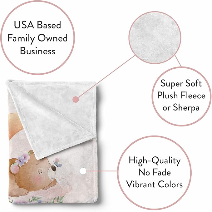 Personalized Baby Blankets with Name | Custom Bear Blanket for Baby Girls and Baby Boys | Unisex Warm Soft Fleece Swaddle Blanket Minky | (Bear, Fleece 30"x40")