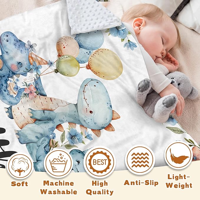 Personalized Baby Name Blanket for Boy Girl, Soft Flannel Blanket with Double Layer Dotted Backing for Infant Newborn, Nursery Crib with Dinosaur Design, Customized Gifts for New Mom(30”x40)