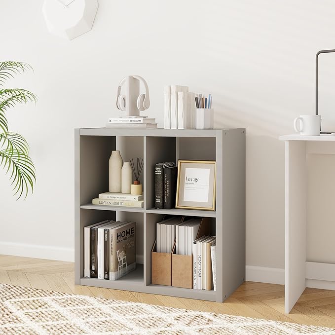 Wood 4 Cube Organizer Shelf, 14.6" x 30" x 30" Square Storage Cubes with 4 Storage Spaces, 2 x 2 Shelf Organizer for Bedroom, Living Room, Playroom, Light Gray