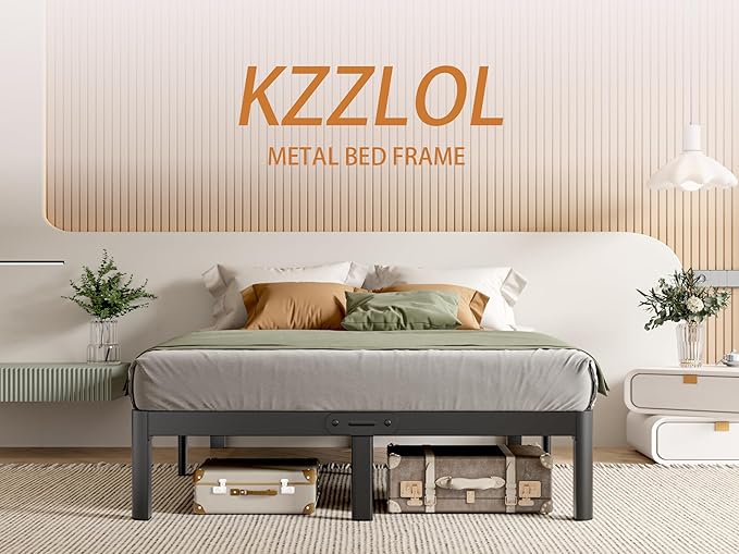 Queen Size Bed Frame Black, 16 Inch Metal Queen Bed Frame No Box Spring Needed, DIY Headboard Holes, Heavy Duty Steel Support 3500 LBS, Noiseless, Round Corner Leg, Storage Space, Easy Assembly