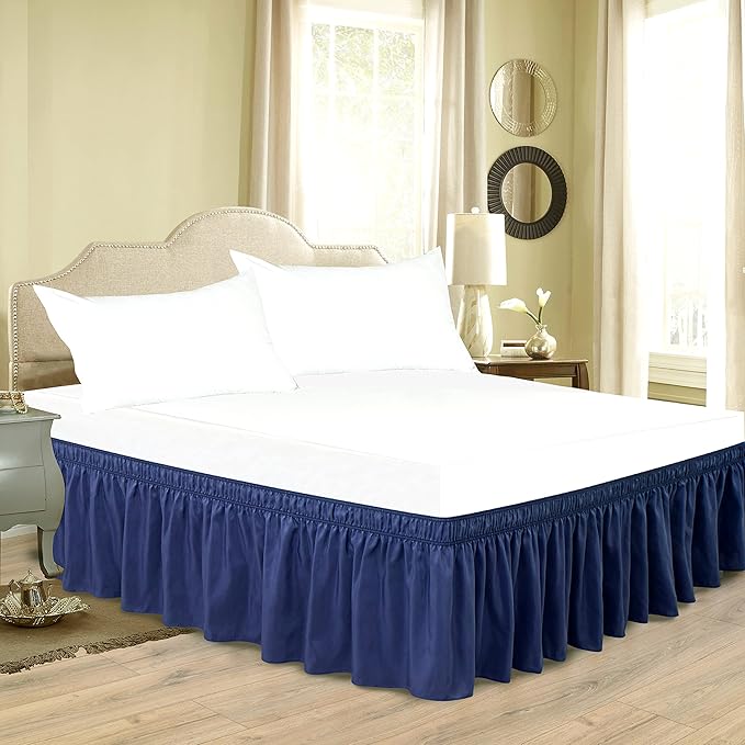 Biscaynebay Wrap Around Bed Skirts for Queen Beds 22" Long Drop, Navy Adjustable Elastic Dust Ruffles Easy Fit Wrinkle Resistant Silky Luxurious Fabric Machine Washable