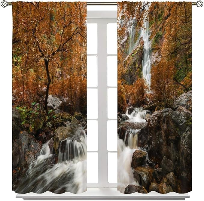 Forest Waterfall Blackout Curtains, Autumn Jungle Mountains Fall Nature Landscape Window Drapes, for Bedroom Living Room 63" W X 63" L