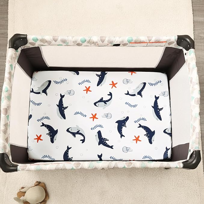 PHF 3 Pack Soft Mini Crib Sheets, Shark Pack N Play Sheets for Baby Boys, No Slip Universal Fit for Pack N Play, Playard, Portable and Mini Crib Mattresses, Shark