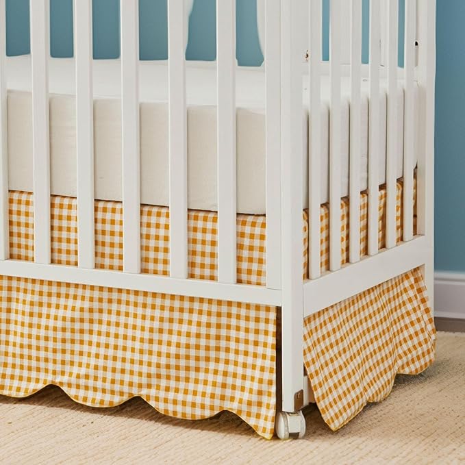 Brandream Scallop Edge Cotton Crib Skirt, Baby Boy, Baby Girl, Gender Neutral Crib Skirt Toddler Bedskirt Farmhouse Chic Nursery Crib Bed Skirt, Boho Bohemian Solid Yellow Gingham