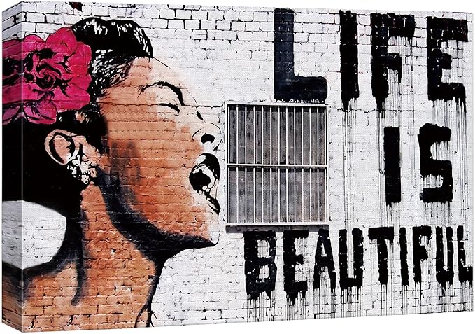 SIGNWIN Framed Canvas Wall Art Banksy Life is Beautiful Billie Holiday Graffiti & Street Art Famous People Pop Art Modern Urban Multicolor for Living Room, Bedroom, Office - 32x48 inches