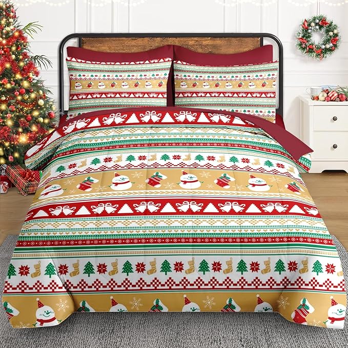 5 Pcs Twin Size Christmas Comforter Set with Pillowcase & Sham, Cute Snowman Bedding for Kids and Adults, Snowflake Xmas Socks Bed in a Bag with Flat Fitted Sheet