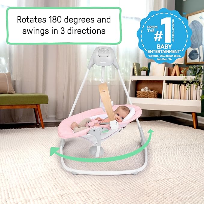 Ingenuity SimpleComfort Compact Baby Swing, Rotating Seat Swings in 3 Directions, 6 Speeds, 8 Melodies & 3 Nature Sounds, Ages 0-9 Months, Up to 20 Pounds - Pink