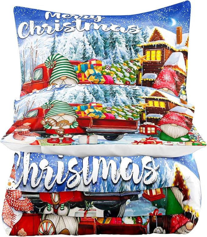 LUVIVIHOME 3PCS Merry Christmas Comforter Set Full Size, Teens Boys Girls Kids Bedding, Cute Snowman Gnome Red Truck Winter Snowflake Happy New Year Christmas Bedroom Decor, Xmas Gifts, 2 Pillow Shams