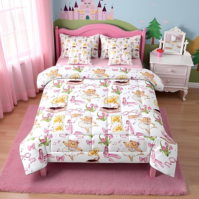 Pink Bowknot Princess Comforter Queen Size,Ballet Shoes Bear Dancer Cartoon 7 Pcs Bedding Set,Tulip Flower Music Note Record Decor,Bow Tie Romantic （Fitted+Sheet+2 Pillowcases+2 Throw Pillow Covers）
