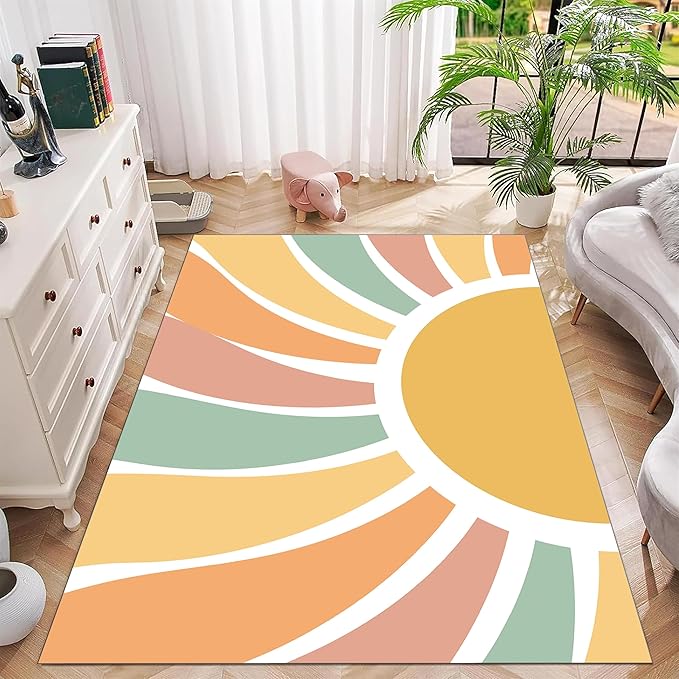 Machine Washable Rainbow Rugs Bedroom Fluffy Plush Soft Area Rugs Rainbow Sunshine Sun Print Living Room Non-Slip Indoor Flooring Kids Girls Boys Home Decor Aesthetics 5x8ft