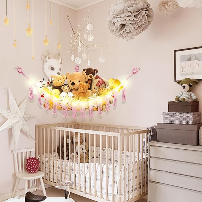 Stuffed Animal Hammock with LED Light, Large Stuffed Animals Storage Corner Plushie Net for Kids Room Decor, 2 Packs Pink