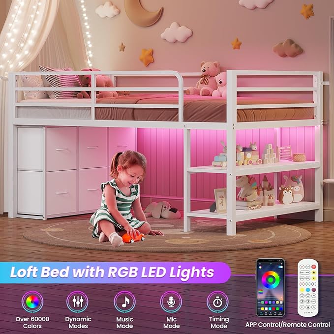 BTHFST Low Loft Bed Twin Size with 6 Storage Drawers, LED Lights, 2 Tier Storage Shelves, Kids Metal Loft Bed with 15" H Stairs & Safety Guardrail, Spave Saving, White