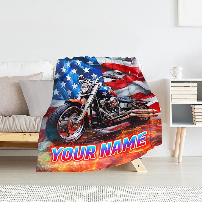 Personalized Throw Blanket Gift for Motorcycle Lovers - 30" x 40" Inches Furry Boys Blankets with Name - Fuzzy Throws for Sofa, Office