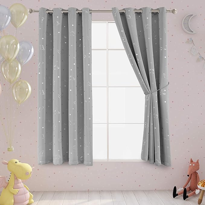 LORDTEX Dinosaur and Star Foil Print Blackout Curtains for Kids Room - Thermal Insulated Curtains Noise Reducing Window Drapes for Boys and Girls Bedroom, 52 x 63 Inch, Light Grey, Set of 2 Panels