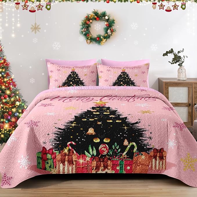 Christmas Full/Queen Size Quilt Set, Black Cat Xmas Trees Lightweight Bedspread Coverlet with Pillow Shams for Kids and Adults, Pink Snowflakes 3 Pcs Bedding Bed Cover