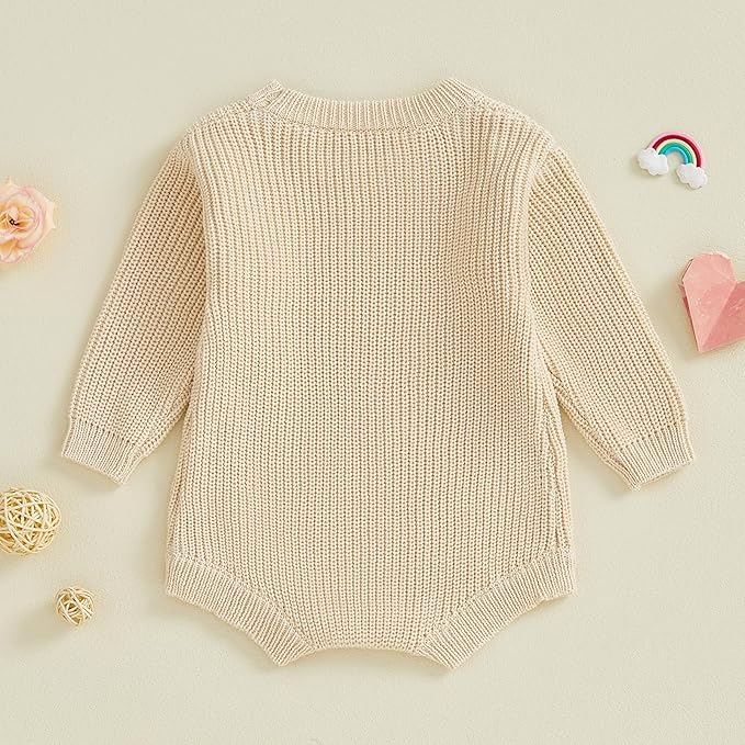 Lesimsam Newborn Baby Boy Girl Valentines Day Outfit Oversized Embroidery Long Sleeve Knit Sweater Bubble Romper Bodysuit