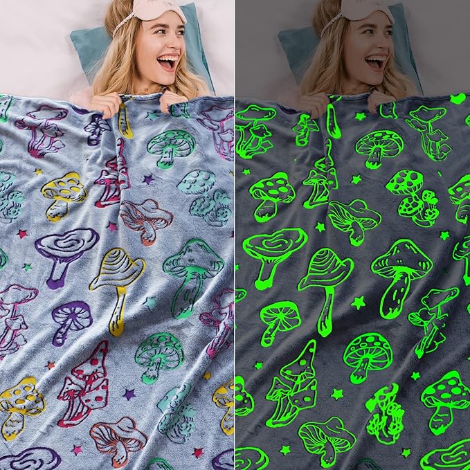 Glow in The Dark Mushroom Blanket for Adults - Soft Fleece Plush Mushrooms Throw Blanket for Bed Couch, Cottagecore Home Decor Cute Stuff Mushroom Gifts for Women 80"x60"