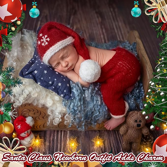 M&G House Christmas Newborn Photography Props Crochet Santa Claus Red Romper Hat Baby Photo Outfits Handmade Knitted Newborn Costume Photoshoot Props Christmas Gift